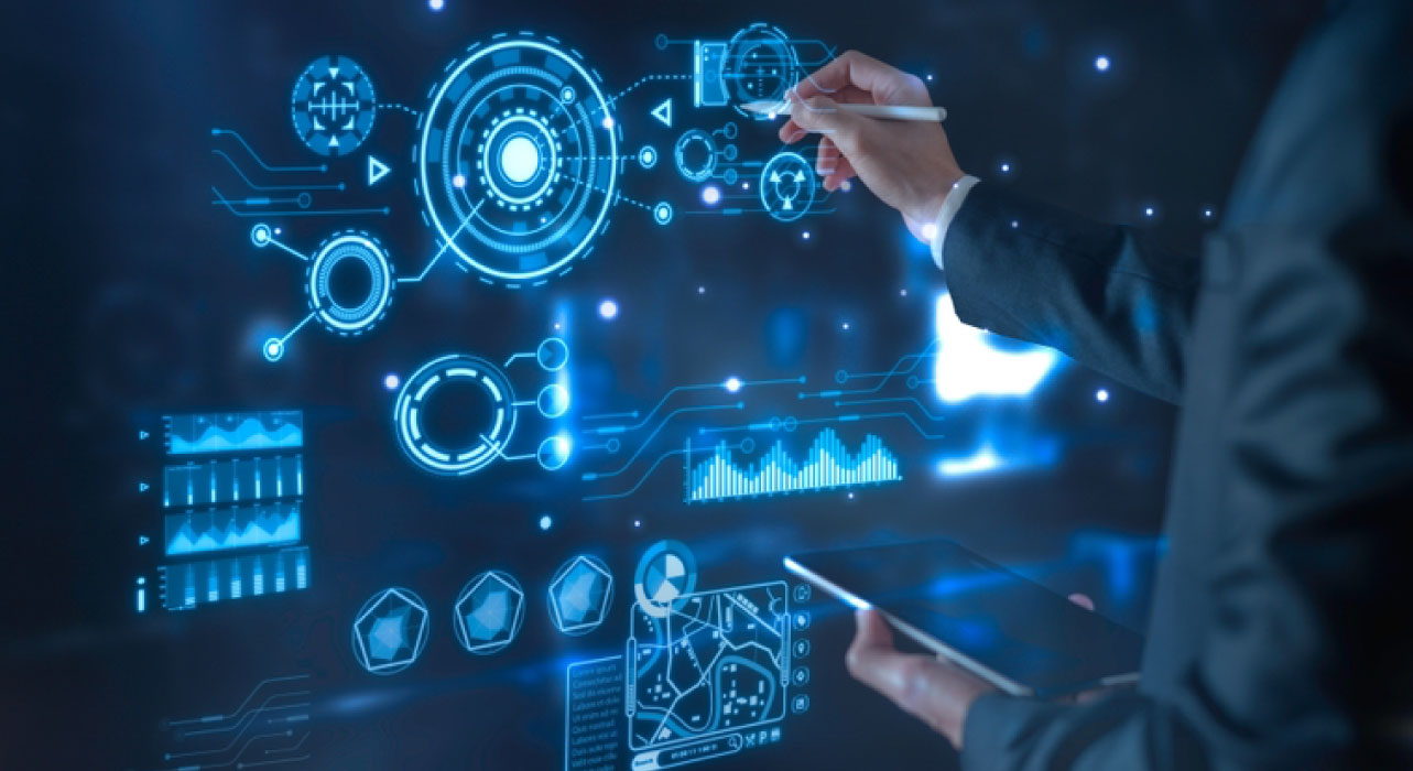 A person in business attire interacts with a futuristic digital interface 