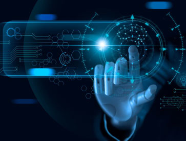 Technological illustration with a digital interface and a human figure integrated into data and circuit element