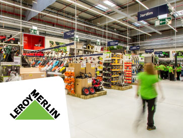 Interior of a Leroy Merlin store featuring product displays and the brand logo