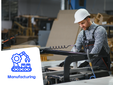 Manufacturing use case cardsite featuring an operator working on an automated production line with the Manufacturing icon highlighted